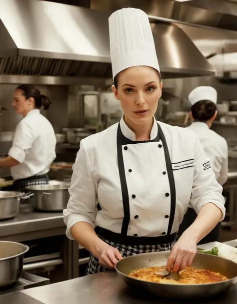 angelawhite ,Inside the bustling kitchen of a renowned restaurant, with chefs and sous-chefs artfully plating dishes and the clatter of pots and pans, a cinematic photo captures the essence of culinary passion. Full body shot focus, Photorealistic portrait in breathtaking detail, photo scanned at ultra-high resolution, inspired by Helmut Newton and Peter Lindbergh. Bright, fluorescent light, vibrant kitchen backdrop, a look of focused determination, minimal makeup, hair pulled back in a tight bun, wearing a chef's jacket, checked trousers, and steel-toed safety shoes, embodying the spirit of gastronomic excellence. 35mm photograph, film, bokeh, professional, 4k, highly detailed.