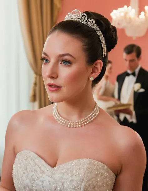 angelawhite ,In the grand ballroom of a historic estate, with crystal chandeliers and elegant waltzers, a cinematic photo captures a moment of timeless romance. Full body shot focus, Photorealistic portrait in breathtaking detail, photo scanned at ultra-high resolution, inspired by Helmut Newton and Peter Lindbergh. Soft, glowing light, opulent ballroom backdrop, an expression of dreamy nostalgia, delicate pink lips, hair styled in an elegant updo with pearls woven through, wearing a vintage-inspired ball gown with layers of tulle, a satin sash, and classic ballet flats, epitomizing romantic elegance. 35mm photograph, film, bokeh, professional, 4k, highly detailed.