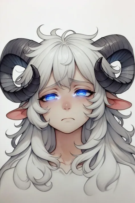 score_9, score_8_up, score_9, score_8_up, 1girl, sheep girl, white hair, messy hair, long hair, blue eyes, glowing eyes, sheep horns, curly horns, <lora:Traditional_art_v4_USENEG:-1.0> traditional art, lineart, white background, simple background, sad face, 3/4 view