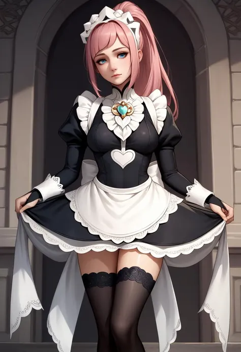 score_9, score_8_up, score_7_up, score_6_up, score_5_up, score_4_up, rating_questionable, BREAK, 1girl, promotional  <lora:felicia-fe-richy-v1_pdxl:0.8> feliciadef, pink hair, ponytail, blue eyes, maid headdress, brooch, maid apron, black thighhighs, bridal gauntlets,