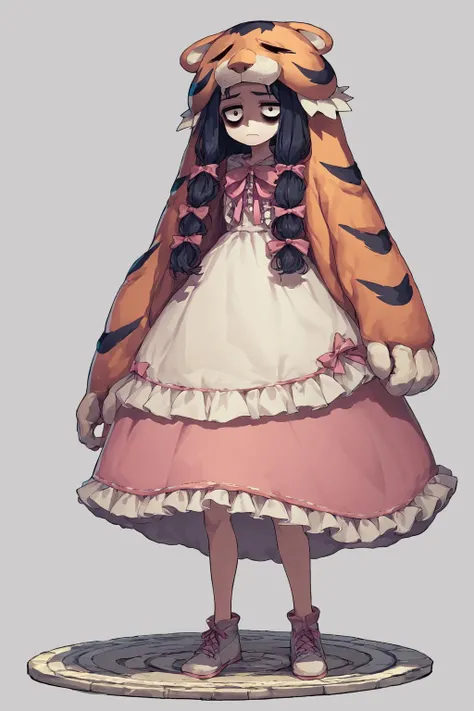 score_9, score_8_up, source_anime, <lora:indivisible_razmi_ponyXL:1>  razmi,  pelt, hood, black hair, bags under eyes, colorful, pink frilly dress, ribbons, full body shot, palace background