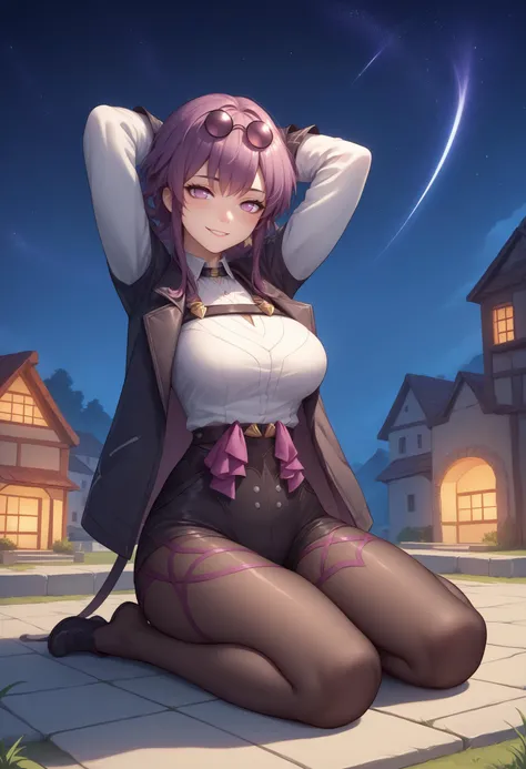 score_9, score_8_up, score_7_up, source_anime, 1girl, KafkaXL, purple eyes, eyewear on head, open jacket, gloves, <lora:XL_Char_HSR_Kafka_Pony:1>, seiza, arms behind head, looking at viewer, black pantyhose, shiny, shiny skin, seductive smile, blush, outdoors, night, night sky, star \(sky\), sky, starry sky, full body, sitting, wariza,