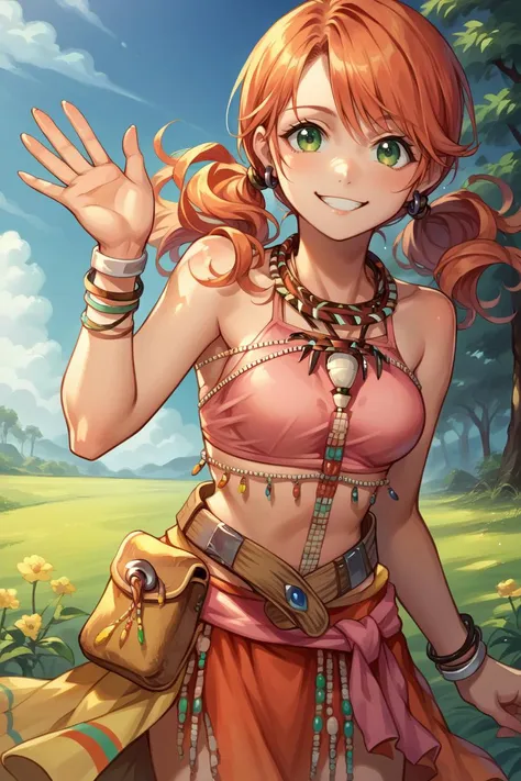 score_9, score_8_up, score_7_up, source_anime BREAK 1girl, solo,  <lora:vanille-pdxl-nvwls-v1:1> vanille, twintails, green eyes, tribal jewelry, earring, necklace, bracelet, beads, pink crop top, belt, sarong, smile, happy, looking at you, waving, blue sky, field