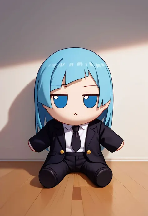 score_9, score_8_up, score_7_up, source_anime, solo, 1girl, miwa kasumi, formal, suit, black jacket, black necktie, long sleeves, black pants, fumo \(doll\), chibi, sitting