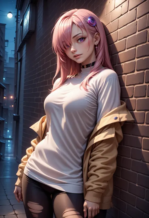 score_9, score_8_up, score_7_up, source_anime, 1girl, solo, intricate details, chromatic aberration, realistic, long hair, pink hair, red head ornament, pink highlights, hair over one eye,purple eyes, earrings, sharp eyes, choker, neon shirt, torn legwear, open jacket, turtleneck sweater, night,against wall, brick wall, graffiti, dim lighting, alley, looking at viewer