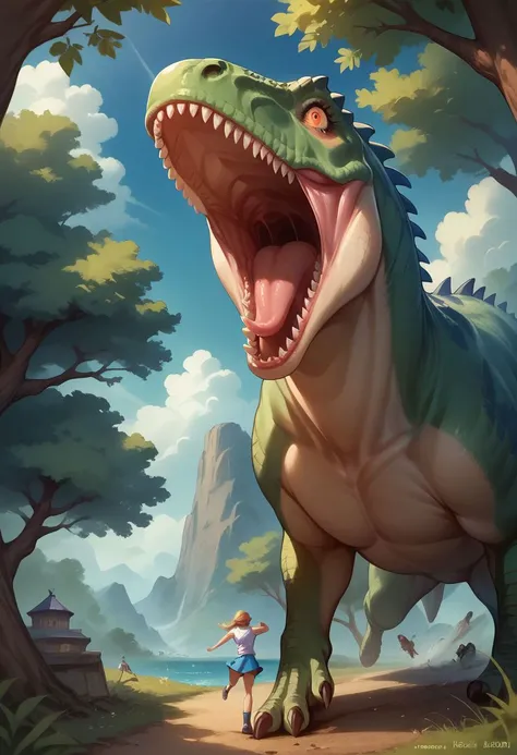 score_9, score_8_up, score_7_up, 35mm photography, highly detailed, high detail, sharp focus,duo,
detailed fantasy cover art of 1dinosaur,( t-rex, giant), chasing a woman, 1woman, the woman is scared and running up a tree