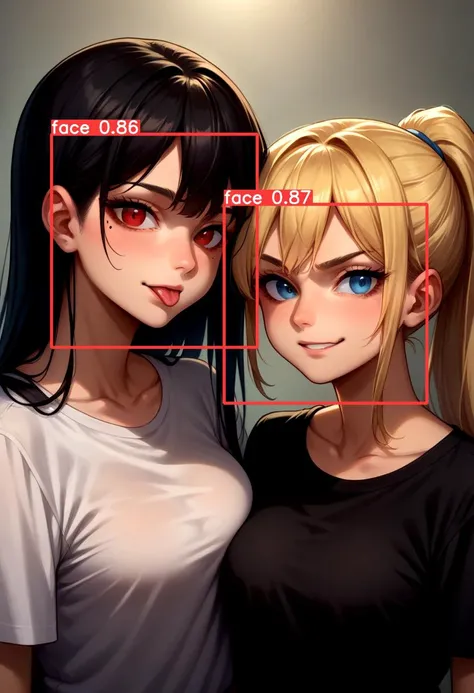 score_9, score_8_up, source_anime, 2girls, upper body,
BREAK white shirt, red eyes, black hair, long hair, tongue out, mole under eye,
BREAK black shirt, blue eyes, blonde hair, ponytail, smirk,