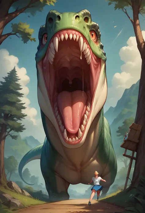 score_9, score_8_up, score_7_up, 35mm photography, highly detailed, high detail, sharp focus,duo,
detailed fantasy cover art of 1dinosaur,( t-rex, giant), chasing a woman, 1woman, the woman is scared and running up a tree