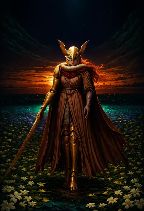 score_9, score_8_up, score_7_up, detailed, aesthetic, 8k unreal engine photorealism, ethereal lighting, purple, nighttime, darkness, surreal art, fantasy, glowing, <lora:Malenia_XLPD:1> MaleniaDef, armor, cape, helmet, brown dress, prothestic leg, single mechanical arm, prosthesis, mechanical leg, sword, holding sword, full body, wide shot, flower, water, solo, sunset, night, (dark environment),