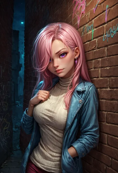 score_9, score_8_up, score_7_up, detailed, 1girl, solo, intricate details, chromatic aberration, realistic, long hair, pink hair, red head ornament, pink highlights, hair over one eye, purple eyes, earrings, sharp eyes, choker, neon shirt, torn legwear, open jacket, turtleneck sweater, night,against wall, brick wall, graffiti, dim lighting, alley, looking at viewer