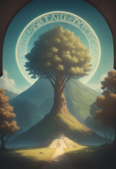 score_9, score_8_up, score_7_up, source_anime, a large circle of a person above a tree in an image, in the style of vibrant fantasy landscapes, teal and bronze, energy-filled illustrations, hikecore, sublime wilderness, poster art, i can't believe how beautiful this is,