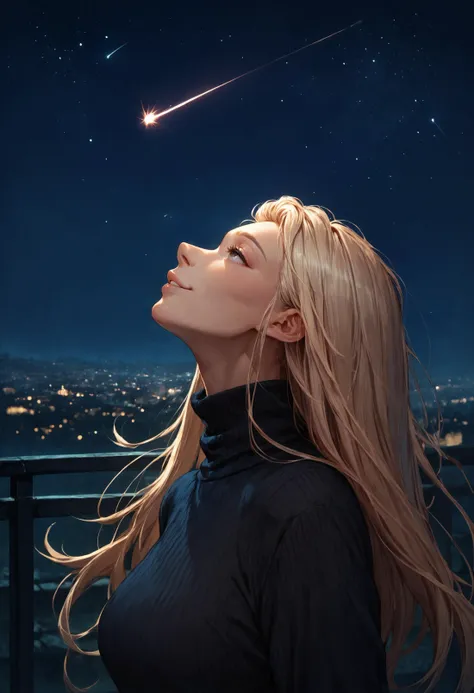 score_9, score_8_up, score_7_up, outdoors, cityscape, dark, night, starry sky, shooting star, darkness, dark environment,
looking up, light smile, half-closed eyes, from side,
black sweater, turtleneck sweater, long hair,