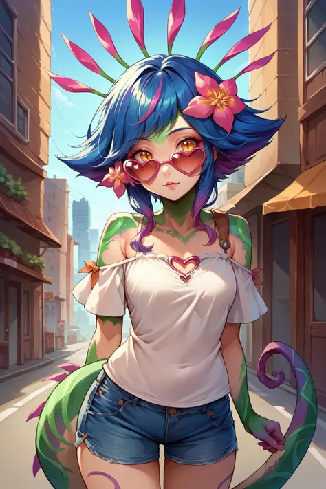 score_9, score_8_up, score_7_up, source anime, 1girl, solo <lora:Neeko-potat-v5:1> n33ko, colored skin, green skin, hair ornament, hair flower, multicolored hair, lizard tail, denim shorts, white blouse, long blouse, city, sunglasses, heart shaped glasses, shoulder cutout, pink sunglasses