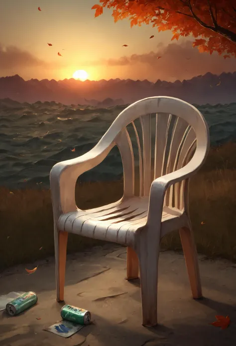 score_9, score_8_up, score_7_up, detailed, no humans, <lora:PlasticChair_XLPD:1>, plastic chair, scenery, sunset, beer can, ink, falling leaves, falling feathers, wind, motion lines,