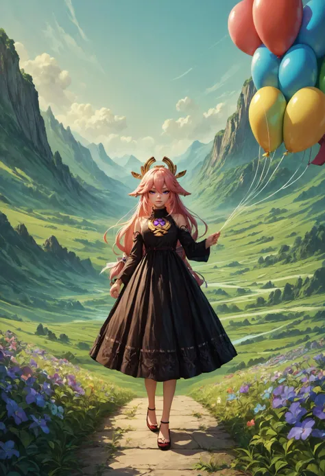 score_9, score_8_up, score_7_up, detailed, balloon shaped, a landscape, a wide view, yae miko, black dress, wide shot, holding balloons