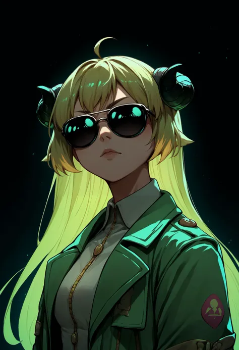 score_9, score_8_up, score_7_up, 1girl, <lora:ChamTsunomakiWatamePonyXL:1>, TsunomakiWatame, horns, long hair, ahoge, makeup, portrait, sunglasses, trench coat, black background, the matrix, gloves, glowing, neon lights, green theme, black jacket,