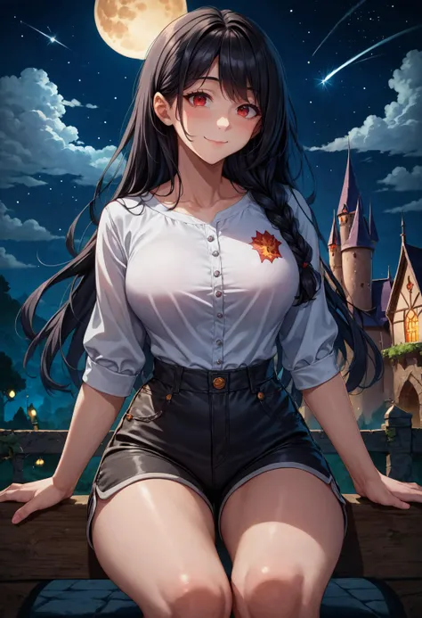 score_9, score_8_up, score_7_up, 1girl, black hair, long hair, red eyes, white shirt, short shorts, black shorts, cloud, moon, full moon, Hogwarts, castle hill, night sky, street, shooting star, looking at viewer, blush, light smile, closed mouth, strong pose, (mature female:0.65), hand up, knees,