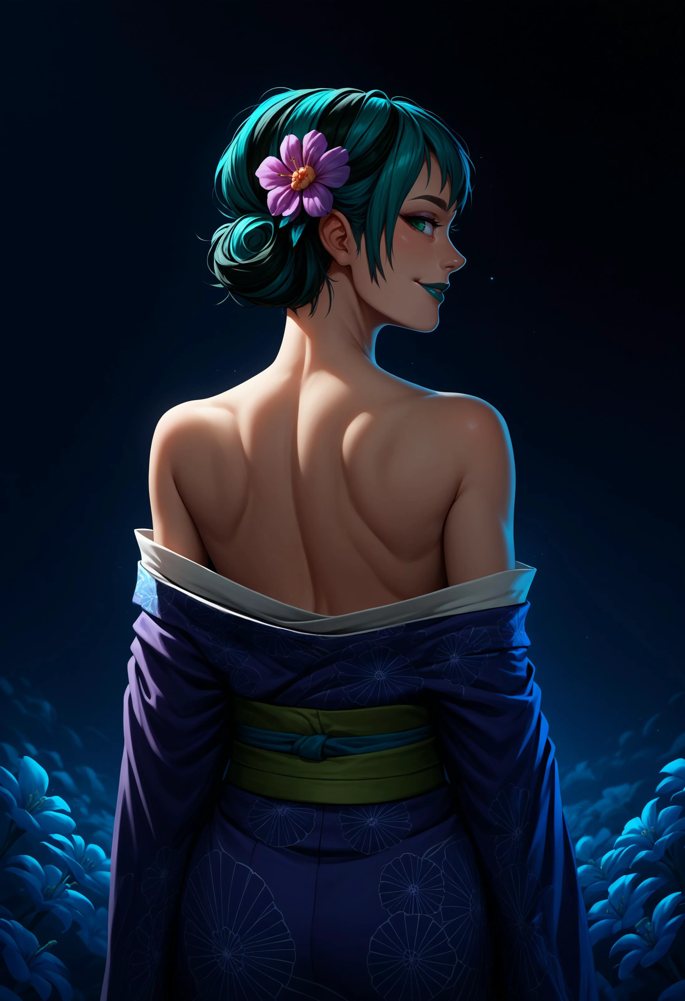 score_9, score_8_up, score_7_up, gwentd, 1girl, solo, two-tone hair, lipstick, makeup, kimono, floral print, hair flower, sash, off shoulder, back, shoulder blades, from behind, looking back, smile, ethereal lighting, purple, nighttime, darkness, surreal art, fantasy, glowing, night, (dark environment), <lora:gwentd-guy-PONY-LyCORIS-v1:1>, summer festival, green eyes,