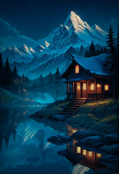 score_9, score_8_up, score_7_up, detailed, night, (dark environment), mountains, water, trees, no humans, reflection,