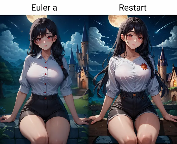 score_9, score_8_up, score_7_up, 1girl, black hair, long hair, red eyes, white shirt, short shorts, black shorts, cloud, moon, full moon, Hogwarts, castle hill, night sky, street, shooting star, looking at viewer, blush, light smile, closed mouth, strong pose, (mature female:0.65), hand up, knees,