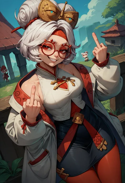 score_9, score_8_up, score_7_up, 1girl, purah, white hair, red eyes,outdoors,hair ornament, red headband, red glasses, sleeveless shirt, white coat, black skirt, red leggings, smug, middle finger, <lora:purah-pdxl-nvwls-v1:0.8>