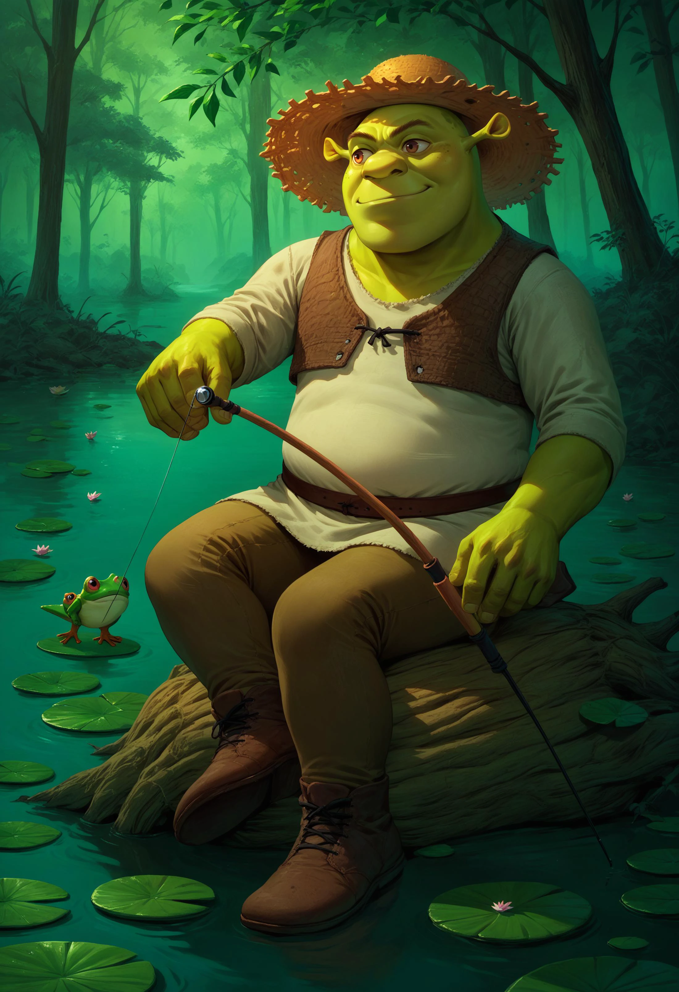score_9, score_8_up, score_7_up, solo, male focus,shrek, green skin,scenery,swamp,lily pad,straw hat,holding fishing rod,light smile,leaves,frog,birds,sitting on tree stump,outdoors <lora:Shrek_XLPD:0.7>