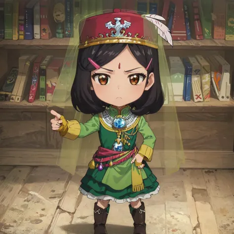 (masterpiece, best quality:1.4), chibi, king's room, turones, god rays,
standing, frown, pointing at viewer, 
dolma, hairclip, forehead jewel, national costume, jewelry, hat, hat feather, emblem, yellow sash, veil, green dress, layered dress, long sleeves, long skirt, boots, fingerless gloves
<lora:anime-lupin5-dolma-t1-000100:0.7>
