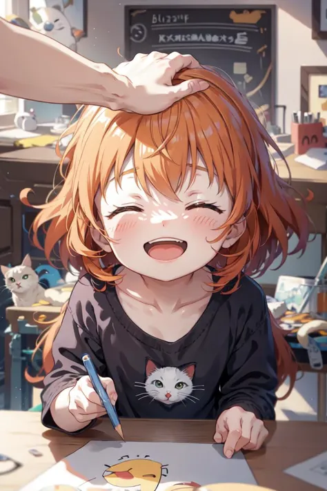 blue pencil, masterpiece, best quality, official art, (hand by Guido Daniele), extremely detailed CG unity 8k wallpaper, child, laughing, <lora:baby_face_v1:0.5> , <lora:HeadpatPOV:1>, headpat, eyes closed, orange short hair, holding a drawing, cat