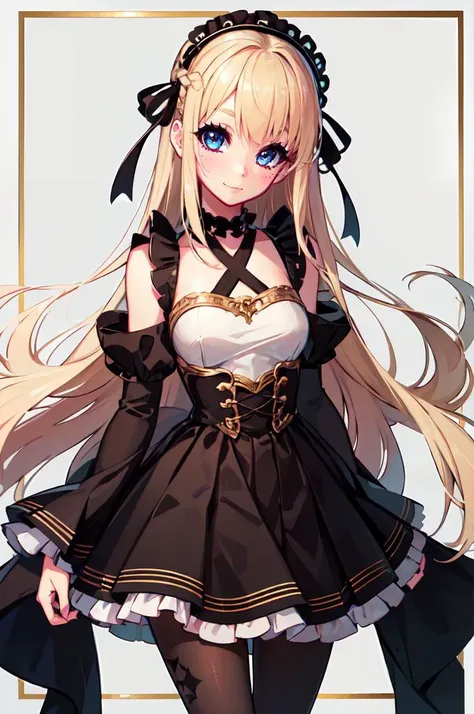 <lora:GeoxorV21:1>, ultra detailed, masterpiece, best quality,, solo, soft smile, light smile,
1girl, blue eyes, very long hair, blonde hair, long blonde hair, french braid, bangs, medium breasts,, hair ribbon, frilled choker, criss-cross halter, sleeveless dress, high-waist skirt, backless dress, waist bow, detached sleeves, frilled sleeves, wide sleeves, pantyhose, patterned legwear, mary janes,