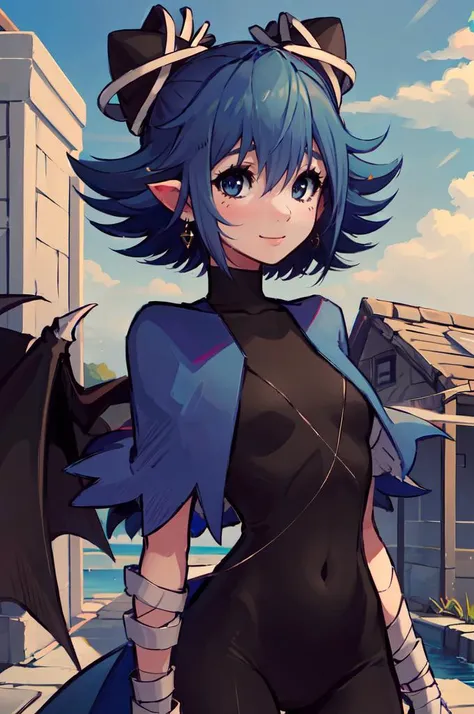 smile, <lora:GeoxorV21:1> <lora:RtPL-Serene:1> serene_\(riviera\), blue_capelet, white_coat, black_bodysuit, black_headwear, bandages, short_hair,, ultra detailed, masterpiece, best quality,