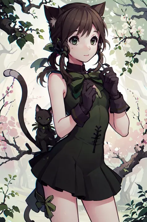 <lora:GeoxorV21:1> <lora:RtPL-Rose:1> rose_(riviera), cat_ears, green_eyes, cat_tail, black_hair, green_bow, gloves, green ribbon, black_dress, sleeveless,, ultra detailed, masterpiece, best quality,