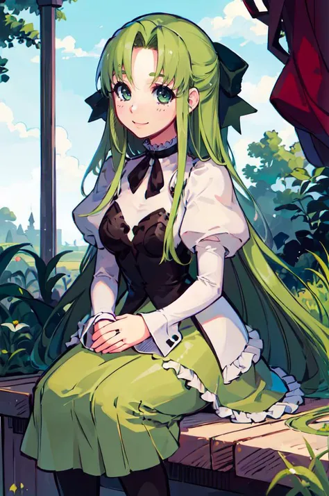 smile, <lora:GeoxorV21:1> <lora:RtPL-Fia:1> Fia_(riviera), green eyes, green dress, very long hair, long hair, bow, dress, frills, frilled dress, long sleeves, puffy sleeves,, ultra detailed, masterpiece, best quality,