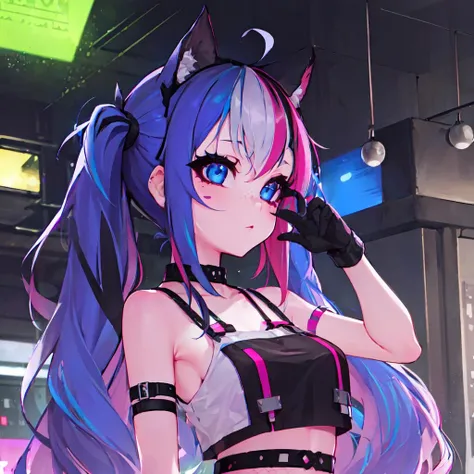 best quality,sharp focus,detailed,highres,dynamic angle,view from above,1girl,portrait,[freckles],party,raver girl,(night club:1.3),((dark)),(laser show),lasers,from the side,(looking away:1.1),(multicolored hair:1.1),braided sides,twintails,cute,bare shoulders,(fishnet top),choker,<lora:edgAsianUrbanGal:0.4>, <lora:Geoxor:1>,geoxor
