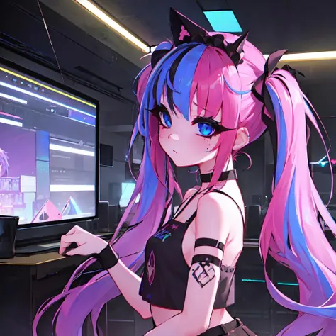 best quality,sharp focus,detailed,highres,dynamic angle,view from above,1girl,portrait,[freckles],party,raver girl,(night club:1.3),((dark)),(laser show),lasers,from the side,(looking away:1.1),(multicolored hair:1.1),braided sides,twintails,cute,bare shoulders,(fishnet top),choker,<lora:edgAsianUrbanGal:0.4>, <lora:Geoxor:1>,geoxor
