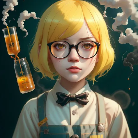 PROMPT
8 year old yellow hair, Ilya Kuvshinov, Illustration, Quirky and Kitchy style, Nerdy girl with glasses standing outside, Vintage and Distressed Style, Natural sunlight, Highly detailed, Digital painting, Artstation, Concept art, Sharp focus, Scientist, with beakers, scientific symbols, and tiny explosive smoke puffs vsco-10000