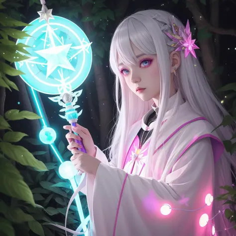 Anime, aasimar female sorcerer white hair staff in woods, surrounded by vibrant colors and flashing lights, energetic, Pop art, Neon lights, summer fashion, Kawaii, Cute, Pastel colors, Soft Lighting, Digital painting, Artstation, Concept art, Trending on Instagram, Illustration, art by sakimichan and yuumei