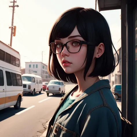 Vsco Girl, 18 year old brunette, Ilya Kuvshinov, Illustration, Quirky and Kitchy style, Nerdy girl with glasses standing outside, Vintage and Distressed Style, Natural sunlight, Highly detailed, Digital painting, Artstation, Concept art, Sharp focus
