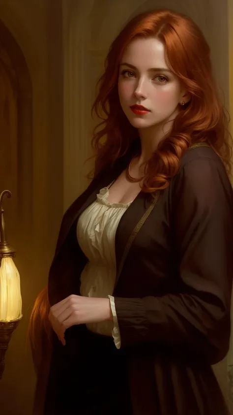 Uplight, Masterpiece, hight quality, best quality, Realistic, 90s european lady with copper hair, red lips, golden eyes, fair skin, Realistic characters, Realistic environment, Realistic body, beautiful realistic photo of a realistic dramatic character, fusion between jeremy mann and childe hassam and daniel f gerhartz and rosa bonheur and thomas eakins, Cinematic, Nice shot, fine detail, CinemaHelper, PhotoHelper, 16K