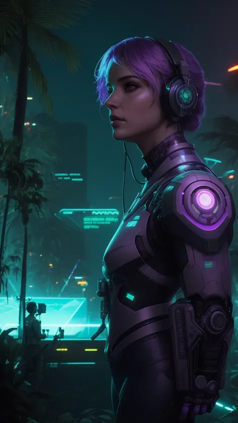 High-tech, Futuristic, Neon lighting, Glowing, Detailed, Vibrant, Digital painting, Trending on Artstation, Robot, science-fiction, art by craig mullins and simon stlenhag and john wallin liberto, Modern, 2020s, detailed cinematic shot from, realistic cinematic scene, A beautiful purple and green female human head android immersed in the jungle and palm trees, full body shot of showing detailed intricate work, shot in the style of wes anderson and stephen king, oscar winning photography, striking image captures, meticulous attention, stunning costume design, 3d rendered