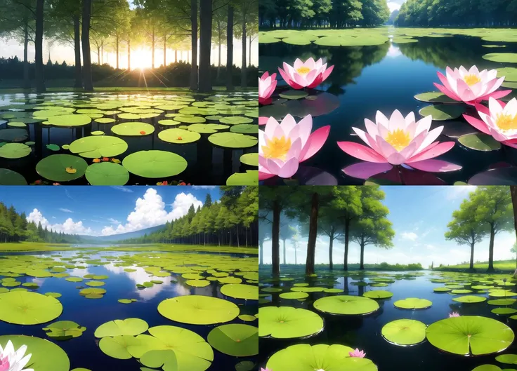 masterpiece, <lora:kyockcho-17:1> kyockcho, masterpiece,highres, landscape, forest, lake, reflection, sun, detailed background, water lily, lily pad