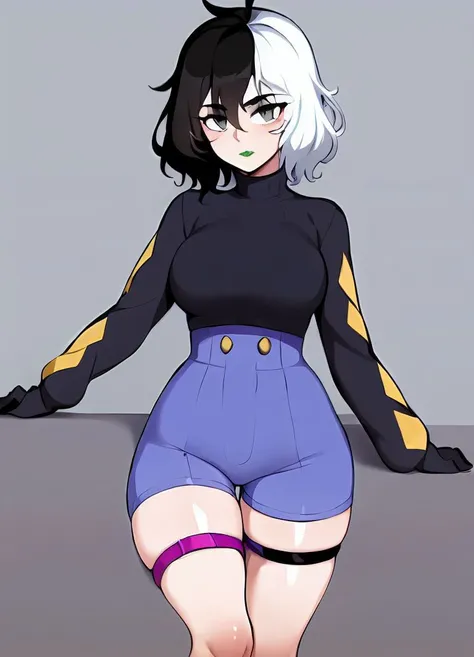 masterpiece,1girl, <lora:kyockcho-34:1> kyockcho, <lora:yorra_villeneuve-09:1> yorra_villeneuve, (green eyes, green lips), (thigh strap, single thighhigh,purple high waist shorts, black sweater , long sleeves, single glove:1.2)