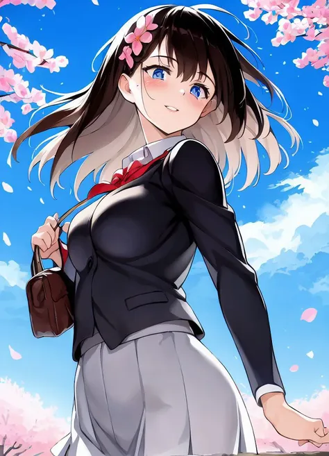 blush,masterpiece,1girl, <lora:kyockcho-34:1> kyockcho, cowboy shot, wind, school uniform, parted lips, hand up, wind, cherry blossoms, smile, sun, detailed background, holding bag, hair behind ear, pushing back hair, clear sky, school, long hair, hair flower,