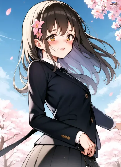 blush,masterpiece,1girl,  <lora:kyockcho-17:1.0> kyockcho,  cowboy shot, wind, school uniform, parted lips, hand up, wind, cherry blossoms, smile, sun, detailed background, holding bag, hair behind ear, pushing back hair, clear sky, school, long hair, hair flower,