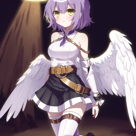 <lora:angelgirl:1.0>, 

(angel:1.0), (angel wings:1.1), feathered wings, white wings, wings, halo, 


ahoge, bare shoulders, belt, black skirt, blush, boots, cave, chestnut mouth, chinese commentary, cowboy shot, furrowed eyebrows, gauntlets, hairband, highres, leather belt, magic, miniskirt, polymer77721, purple hair, scared, short hair, skirt, thigh-highs, thigh boots, vambraces, white legwear, yellow eyes