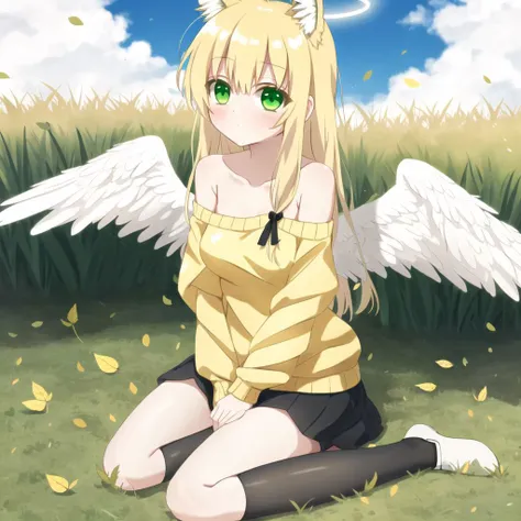 <lora:angelgirl:1.0>,
(angel:1.0), (angel wings:1.1), feathered wings, white wings, wings, halo,
1girl, :t, =3, animal ears, bangs, between legs, black legwear, blonde hair, blush, closed mouth, collarbone, eyebrows visible through hair, facial mark, falling leaves, fox ears, fox girl, fox tail, grass, green eyes, hand between legs, highres, leaf, long hair, looking at viewer, no shoes, off shoulder, on ground, pixiv request, shiny, shiny hair, single bare shoulder, sitting, sleeves past wrists, solo, spaghetti strap, sweater, tail, thigh-highs, twitter username, v-shaped eyebrows, v arms, wariza, white background, wind, yellow sweater, zky \(oekaky\)