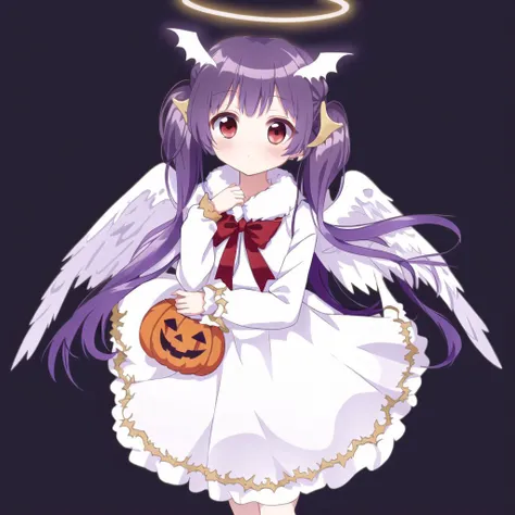 <lora:angelgirl:1.0>,
(angel:1.0), (angel wings:1.1), feathered wings, white wings, wings, halo,
1girl, animal ears, bat, bat ears, dragon wings, dress, fake animal ears, fur trim, halloween costume, long sleeves, mamkute, multi-tied hair, purple hair, red eyes, simple background, solo, twintails, white background, wings