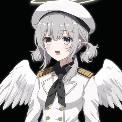 <lora:angelgirl:1.0>,
(angel:1.0), (angel wings:1.1), feathered wings, white wings, wings, halo,
1girl, beret, black headwear, buttons, epaulettes, gloves, grey eyes, hat, highres, jacket, long hair, long sleeves, looking at viewer, military jacket, neckerchief, open mouth, red neckwear, sidelocks, silver hair, simple background, solo, twintails, upper body, wavy hair, white background, white gloves, white jacket