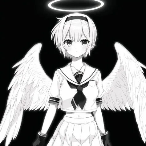 <lora:angelgirl:1.0>, 

(angel:1.0), (angel wings:1.1), feathered wings, white wings, wings, halo, 


camera, crop top, fingerless gloves, gloves, headband, kote, midriff, monochrome, navel, pleated skirt, school uniform, serafuku, short hair, skirt, solo