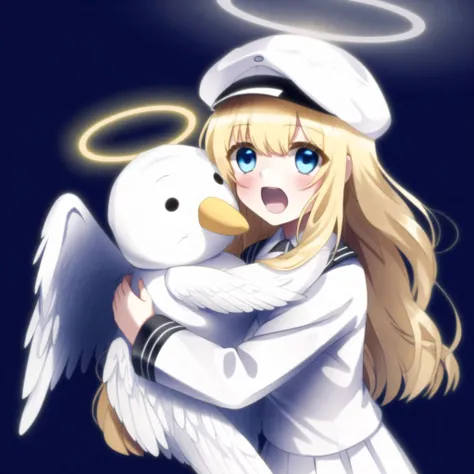 <lora:angelgirl:1.0>,
(angel:1.0), (angel wings:1.1), feathered wings, white wings, wings, halo,
1girl, blonde hair, blue eyes, garrison cap, hat, hug, long hair, open mouth, solo, stuffed animal, stuffed toy, uniform