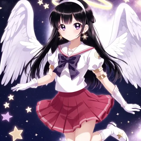 <lora:angelgirl:1.0>,
(angel:1.0), (angel wings:1.1), feathered wings, white wings, wings, halo,
1girl, black eyes, black hair, bow, bright pupils, clenched hands, cropped legs, earrings, elbow gloves, floating hair, gloves, gold headband, hair behind ear, highres, jewelry, long hair, magical girl, pochi \(askas is god\), purple bow, red skirt, sailor collar, sailor senshi uniform, skirt, solo, star \(symbol\), star earrings, white gloves, white pupils